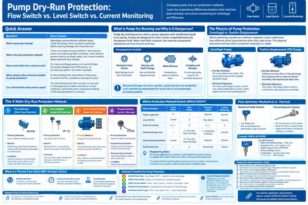 Pump Dry-Run Protection: Flow Switch vs. Level Switch vs. Current Monitoring