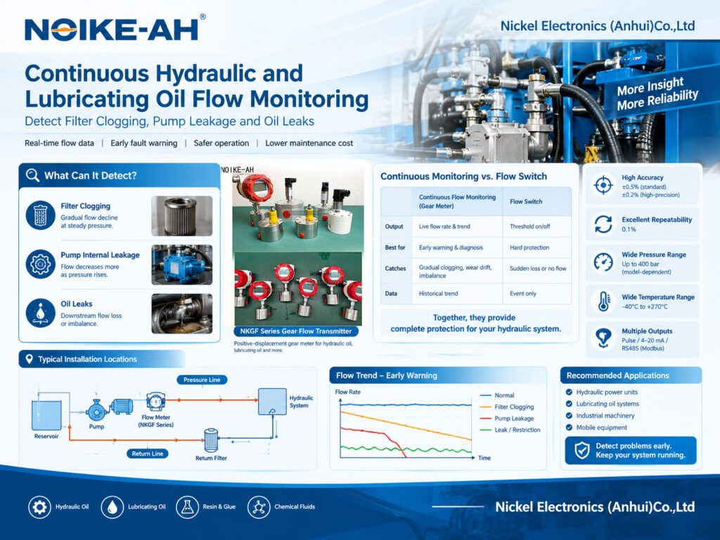 Continuous Lubricating and Hydraulic Oil Flow Monitoring: Detect Filter Clogging, Pump Leakage and Oil Leaks