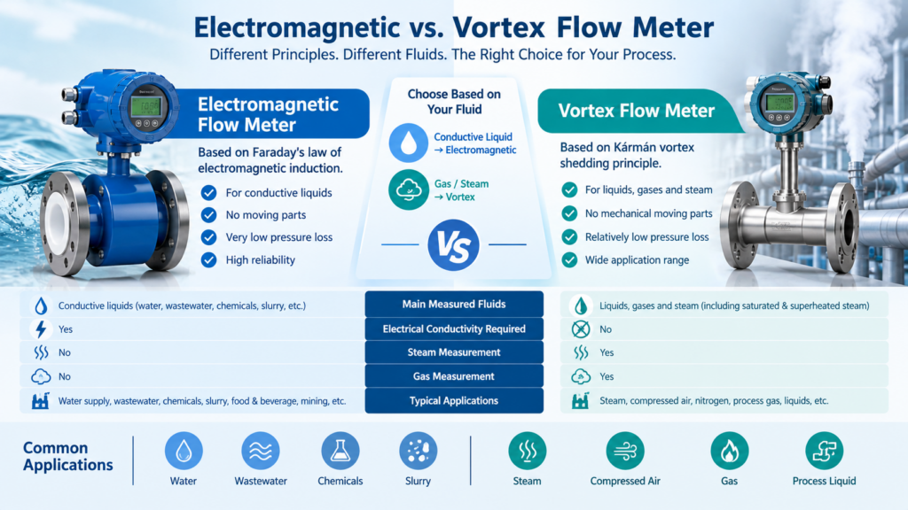 Electromagnetic vs. Vortex Flow Meter comparison diagram